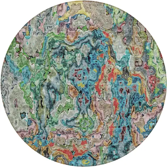 8' Orange And Teal Blue Round Abstract Washable Indoor Outdoor Area Rug Photo 2