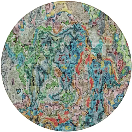 8' Orange And Teal Blue Round Abstract Washable Indoor Outdoor Area Rug Photo 2