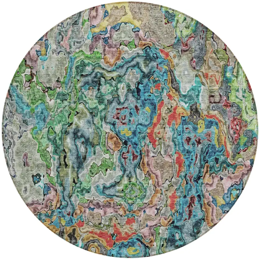 8' Orange And Teal Blue Round Abstract Washable Indoor Outdoor Area Rug Photo 2
