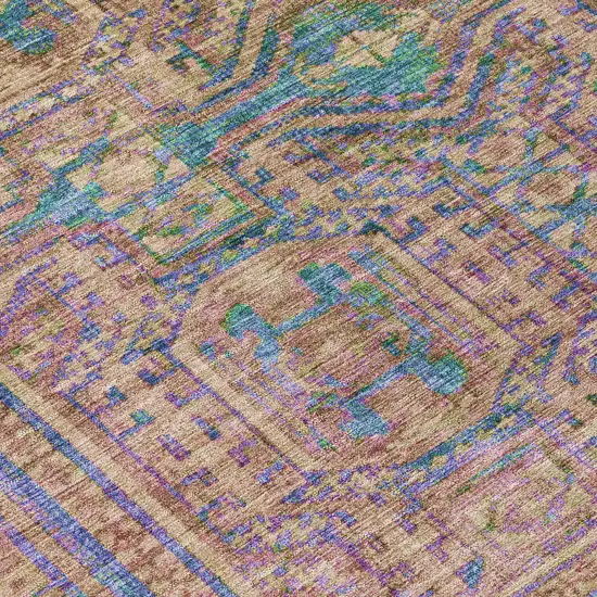 8' Orange And Teal Blue Round Geometric Washable Indoor Outdoor Area Rug Photo 8