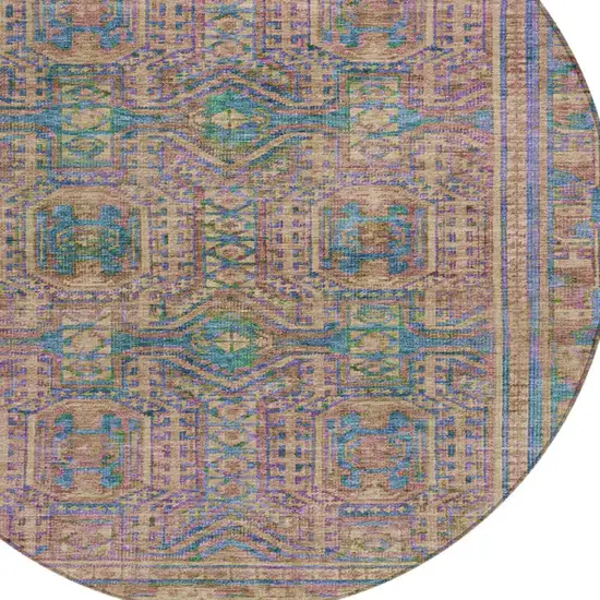 8' Orange And Teal Blue Round Geometric Washable Indoor Outdoor Area Rug Photo 9