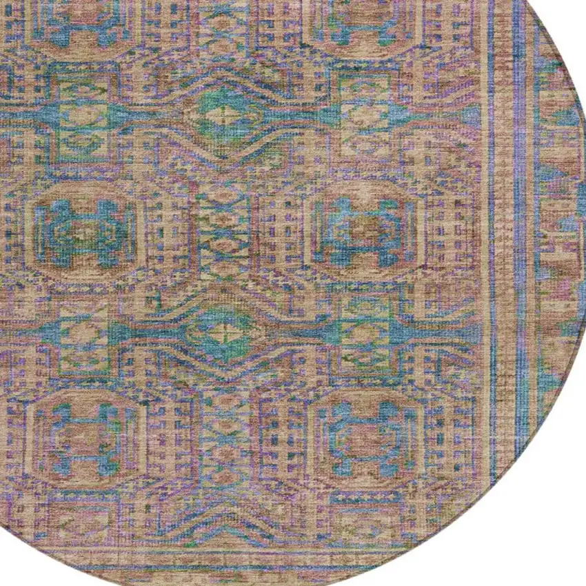 8' Orange And Teal Blue Round Geometric Washable Indoor Outdoor Area Rug Photo 4