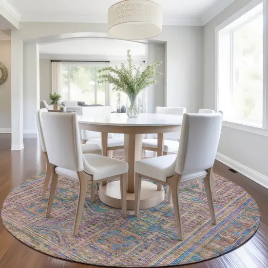 8' Orange And Teal Blue Round Geometric Washable Indoor Outdoor Area Rug Photo 6