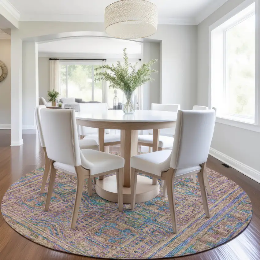 8' Orange And Teal Blue Round Geometric Washable Indoor Outdoor Area Rug Photo 6