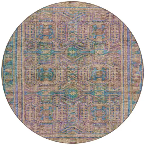 8' Orange And Teal Blue Round Geometric Washable Indoor Outdoor Area Rug Photo 3
