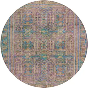 Photo of 8' Orange And Teal Blue Round Geometric Washable Indoor Outdoor Area Rug