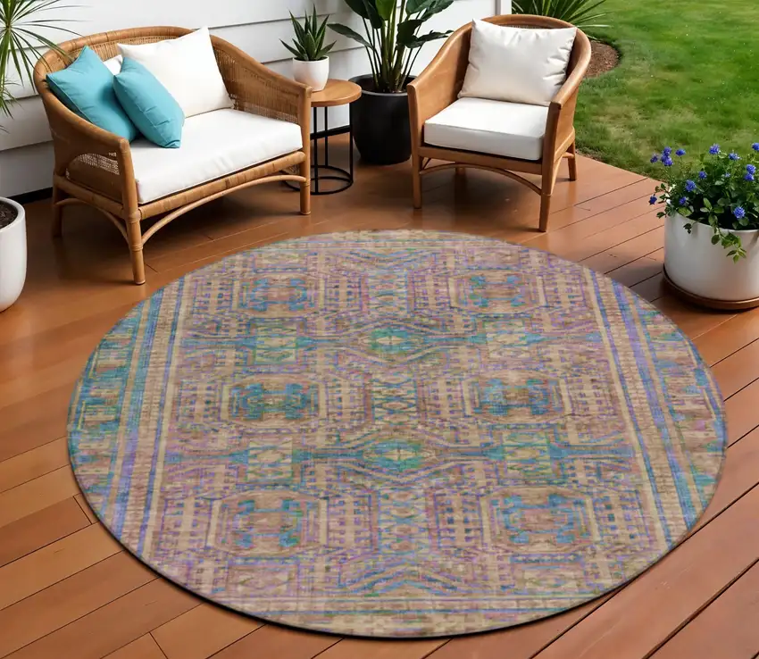 8' Orange And Teal Blue Round Geometric Washable Indoor Outdoor Area Rug Photo 2