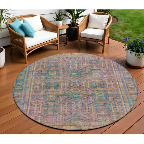 8' Orange And Teal Blue Round Geometric Washable Indoor Outdoor Area Rug Photo 2