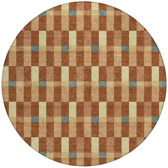 8' Orange And Teal Blue Round Geometric Washable Indoor Outdoor Area Rug Photo 4