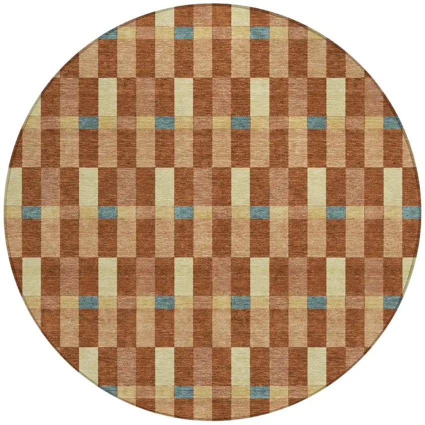 8' Orange And Teal Blue Round Geometric Washable Indoor Outdoor Area Rug Photo 4