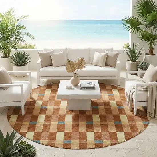 8' Orange And Teal Blue Round Geometric Washable Indoor Outdoor Area Rug Photo 1