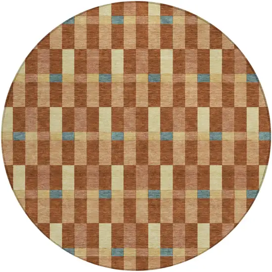 8' Orange And Teal Blue Round Geometric Washable Indoor Outdoor Area Rug Photo 2