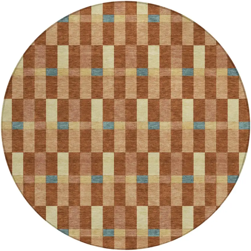 8' Orange And Teal Blue Round Geometric Washable Indoor Outdoor Area Rug Photo 2