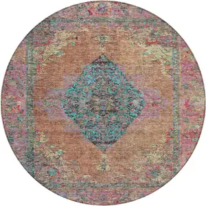 Photo of 8' Orange And Teal Blue Round Medallion Washable Indoor Outdoor Area Rug