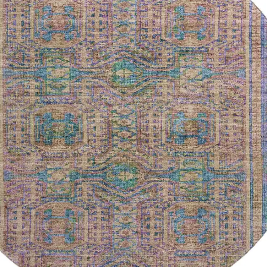 8' Orange And Teal Geometric Washable Round Rug With UV Protection Photo 3