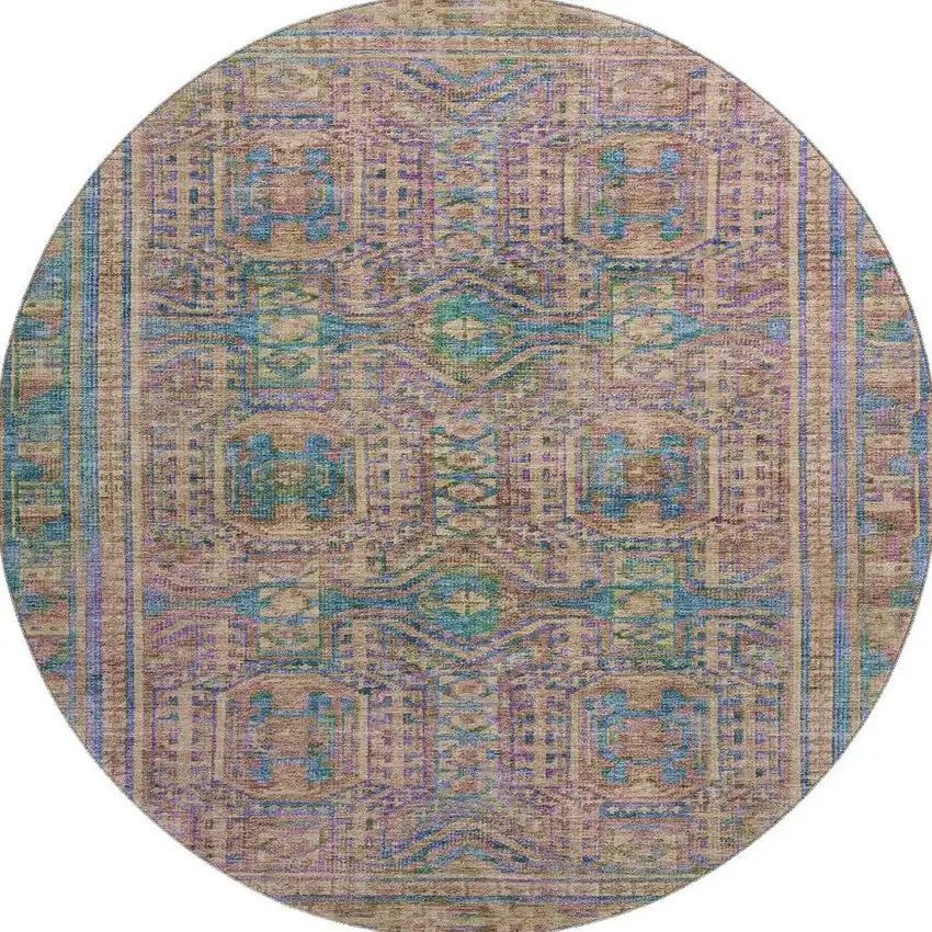 8' Orange And Teal Geometric Washable Round Rug With UV Protection Photo 4