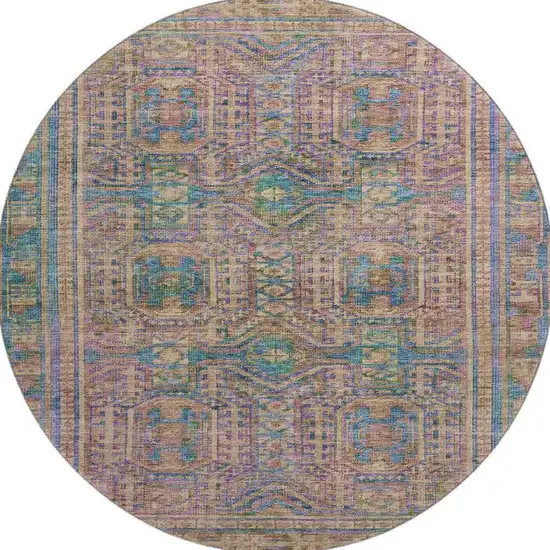 8' Orange And Teal Geometric Washable Round Rug With UV Protection Photo 4