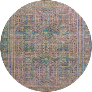 Photo of 8' Orange And Teal Geometric Washable Round Rug With UV Protection