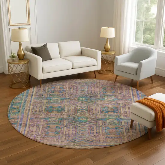 8' Orange And Teal Geometric Washable Round Rug With UV Protection Photo 5