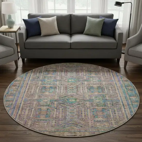 8' Orange And Teal Geometric Washable Round Rug With UV Protection Photo 2
