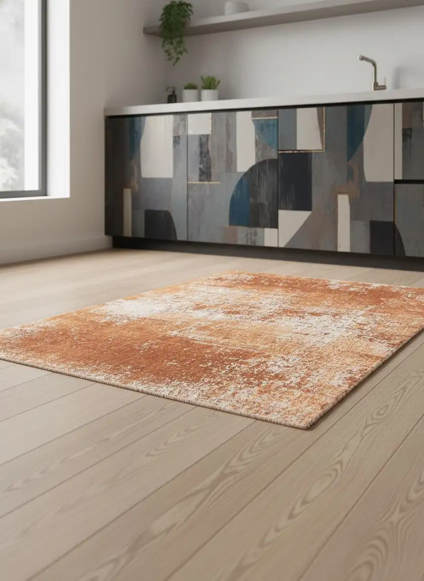 5' Orange And White Abstract Washable Round Rug With UV Protection Photo 1