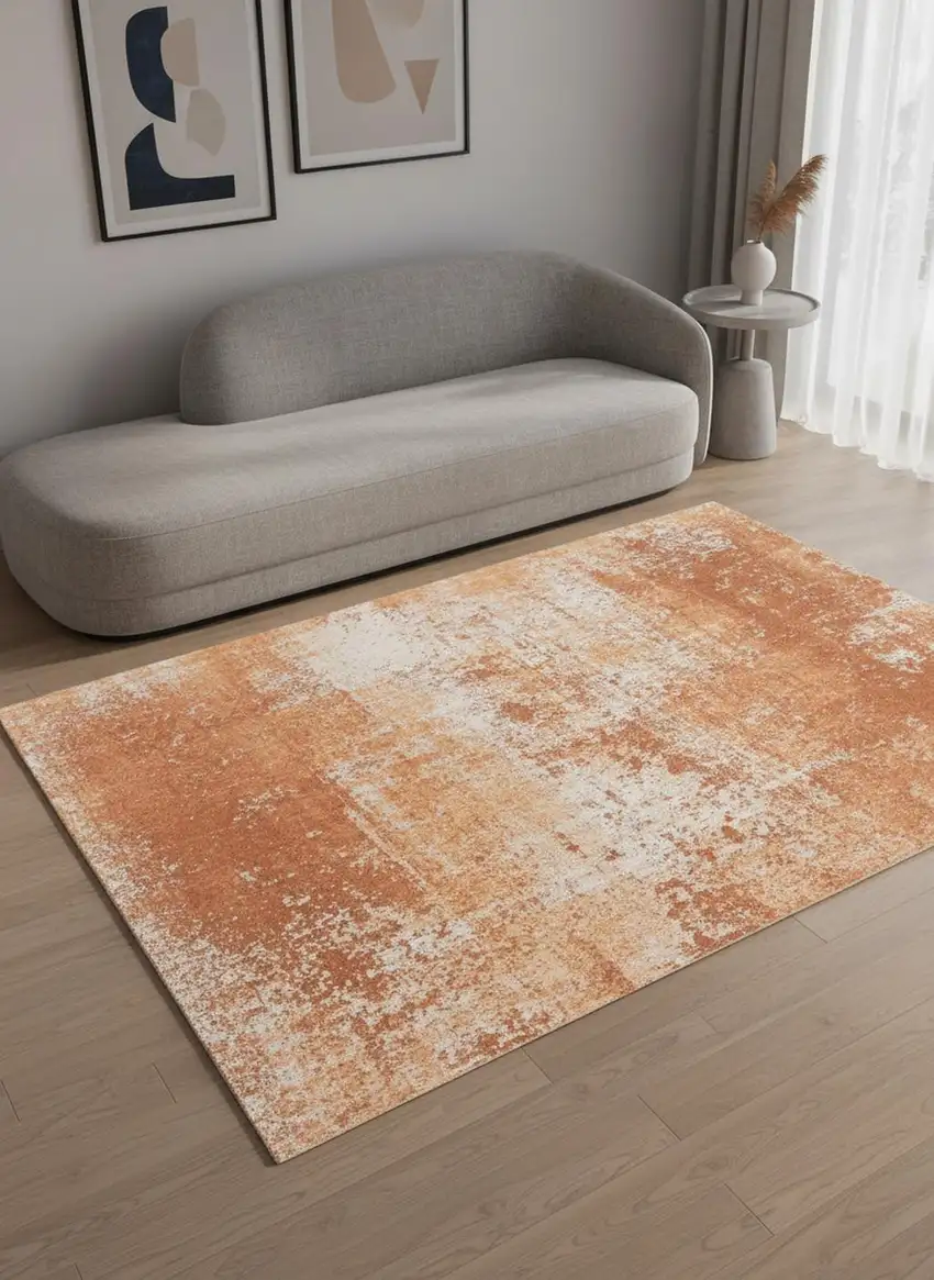 8' Orange And White Abstract Washable Round Rug With UV Protection Photo 1