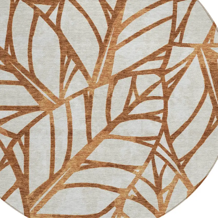 8' Orange Beige And Copper Round Floral Washable Indoor Outdoor Area Rug Photo 4