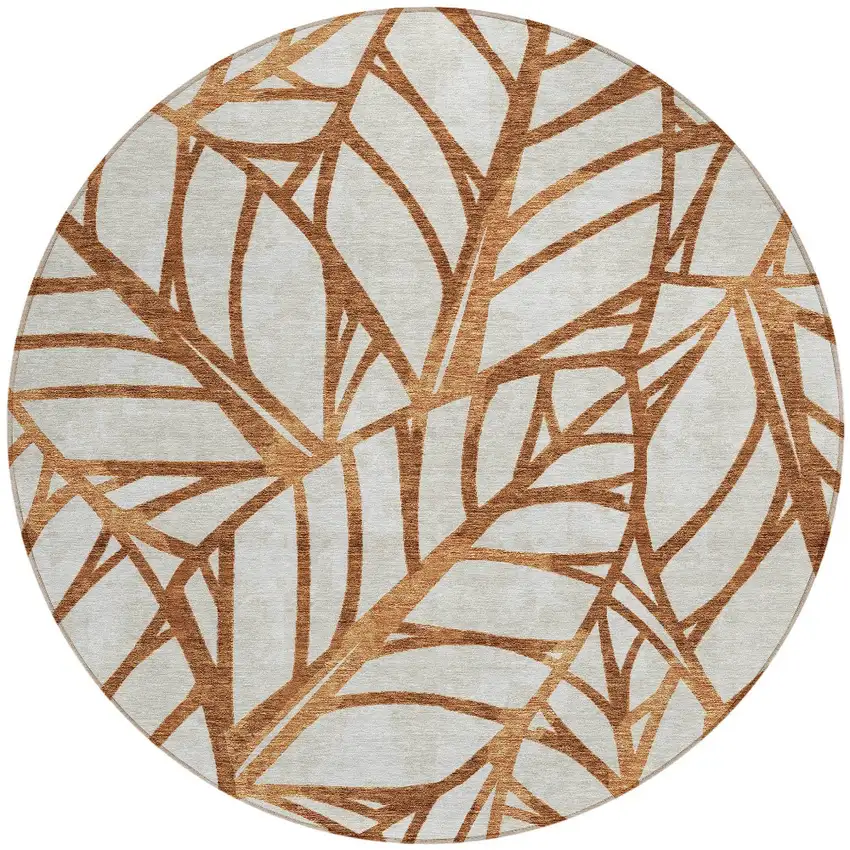 8' Orange Beige And Copper Round Floral Washable Indoor Outdoor Area Rug Photo 6