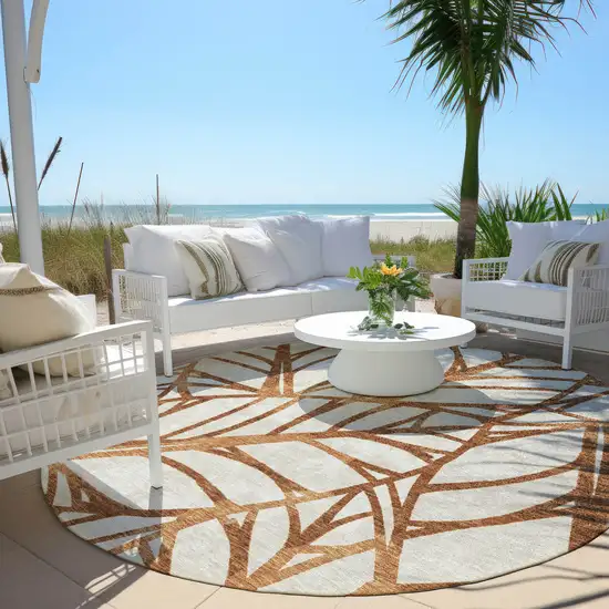8' Orange Beige And Copper Round Floral Washable Indoor Outdoor Area Rug Photo 7