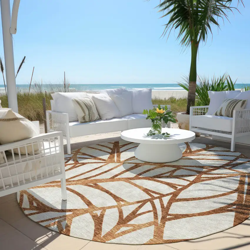8' Orange Beige And Copper Round Floral Washable Indoor Outdoor Area Rug Photo 7