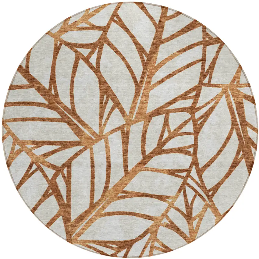 8' Orange Beige And Copper Round Floral Washable Indoor Outdoor Area Rug Photo 1