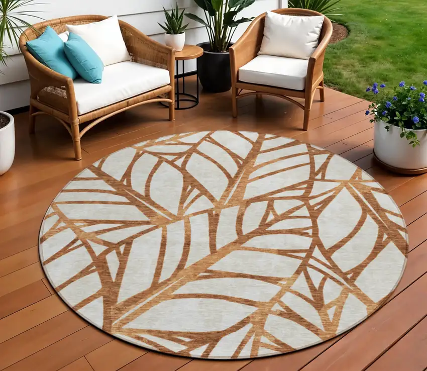8' Orange Beige And Copper Round Floral Washable Indoor Outdoor Area Rug Photo 1