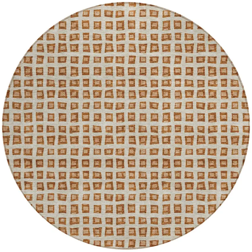 8' Orange Beige And Copper Round Geometric Washable Indoor Outdoor Area Rug Photo 5