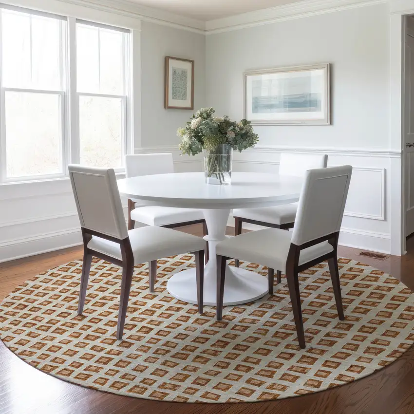 8' Orange Beige And Copper Round Geometric Washable Indoor Outdoor Area Rug Photo 9