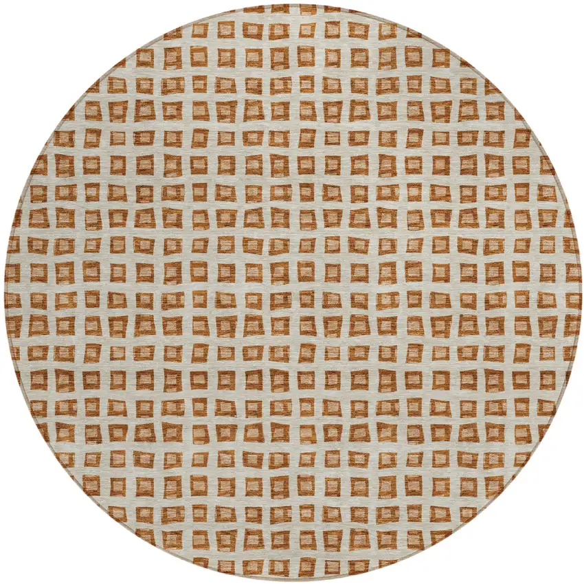 8' Orange Beige And Copper Round Geometric Washable Indoor Outdoor Area Rug Photo 1