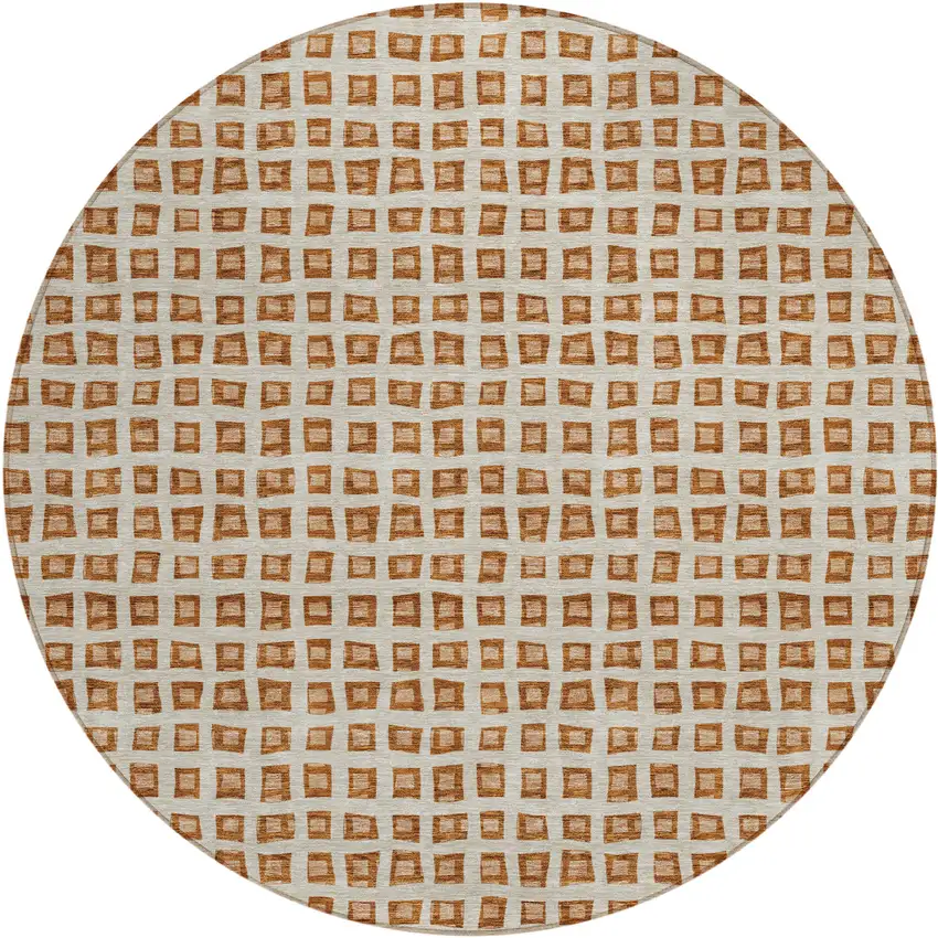 8' Orange Beige And Copper Round Geometric Washable Indoor Outdoor Area Rug Photo 1