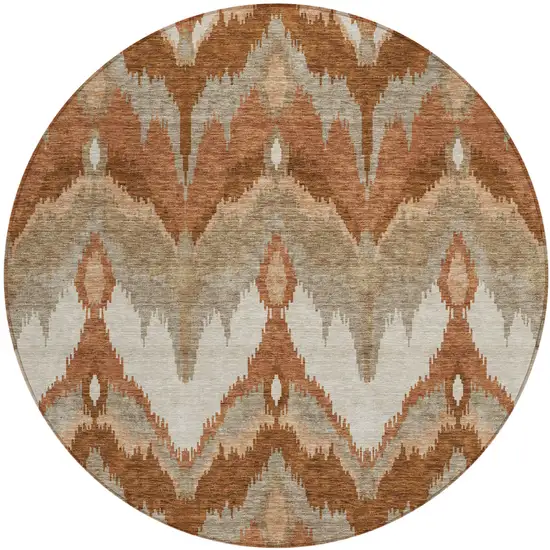 8' Orange Beige And Copper Round Ikat Washable Indoor Outdoor Area Rug Photo 1