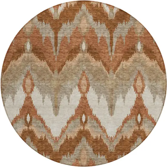 8' Orange Beige And Copper Round Ikat Washable Indoor Outdoor Area Rug Photo 1