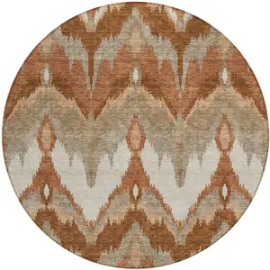 Photo of 8' Orange Beige And Copper Round Ikat Washable Indoor Outdoor Area Rug