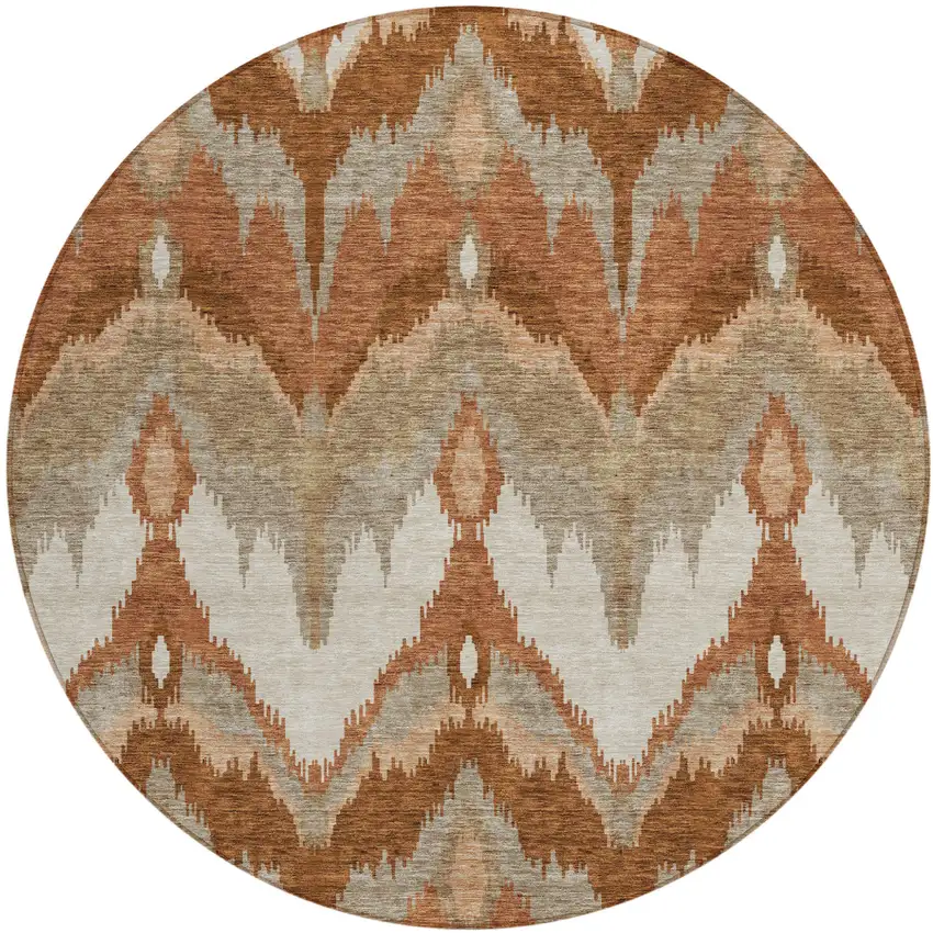 8' Orange Beige And Copper Round Ikat Washable Indoor Outdoor Area Rug Photo 1