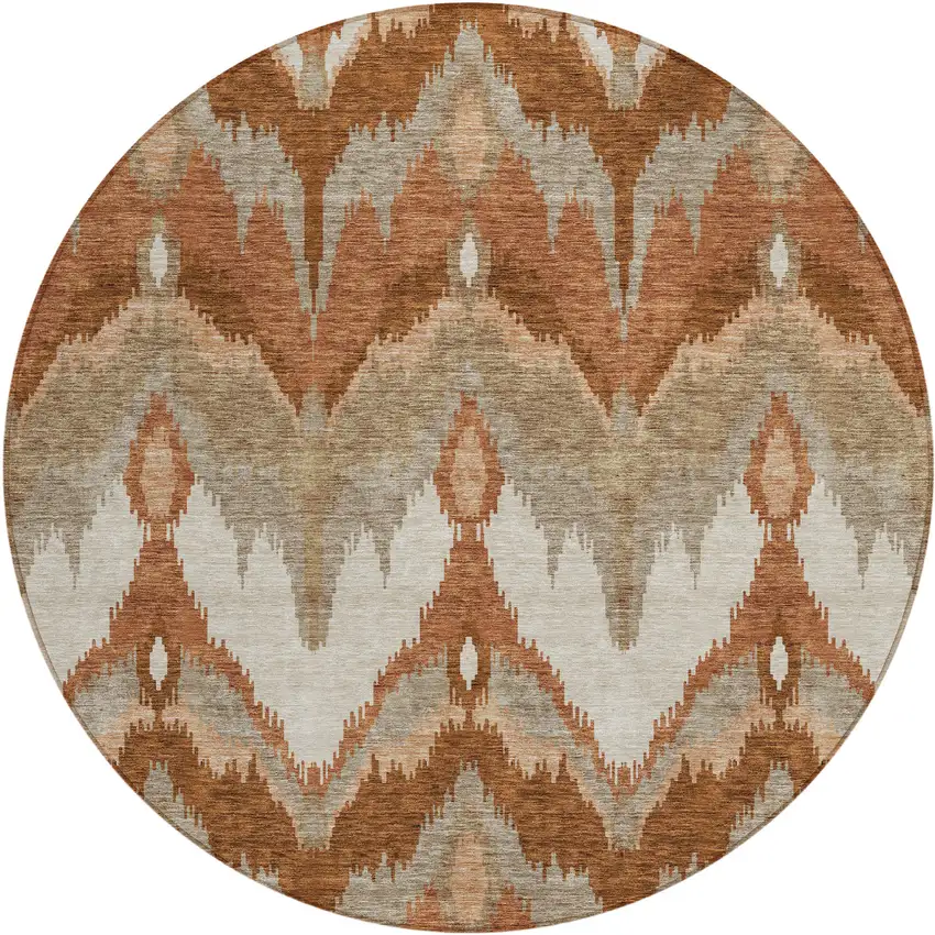 8' Orange Beige And Copper Round Ikat Washable Indoor Outdoor Area Rug Photo 1