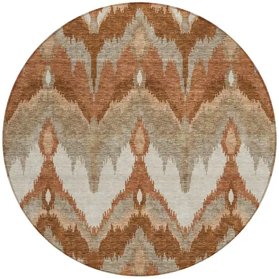 8' Orange Beige And Copper Round Ikat Washable Indoor Outdoor Area Rug Photo 6