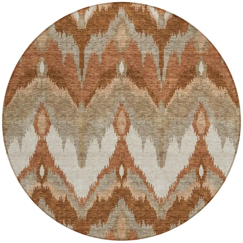 8' Orange Beige And Copper Round Ikat Washable Indoor Outdoor Area Rug Photo 6