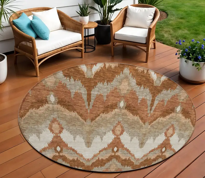 8' Orange Beige And Copper Round Ikat Washable Indoor Outdoor Area Rug Photo 1