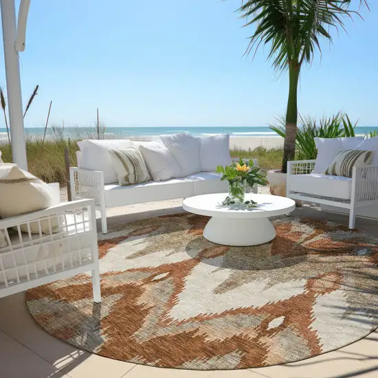 8' Orange Beige And Copper Round Ikat Washable Indoor Outdoor Area Rug Photo 7