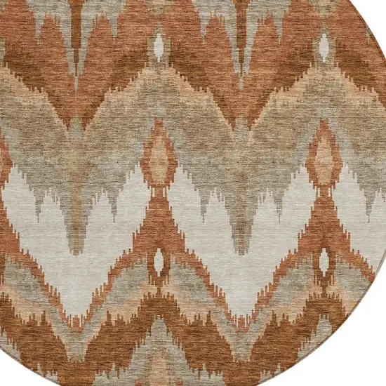 8' Orange Beige And Copper Round Ikat Washable Indoor Outdoor Area Rug Photo 5