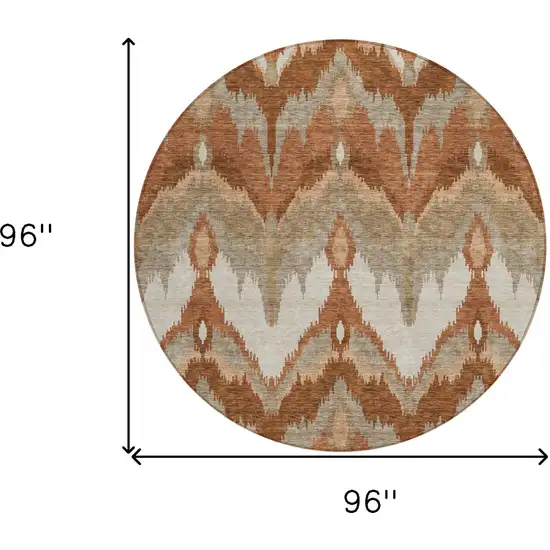 8' Orange Beige And Copper Round Ikat Washable Indoor Outdoor Area Rug Photo 9