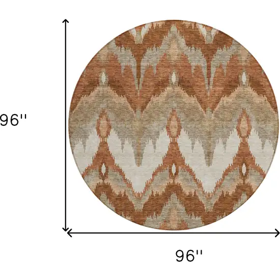 8' Orange Beige And Copper Round Ikat Washable Indoor Outdoor Area Rug Photo 9
