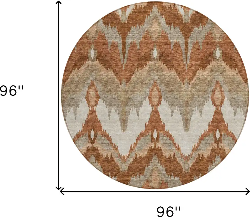 8' Orange Beige And Copper Round Ikat Washable Indoor Outdoor Area Rug Photo 9