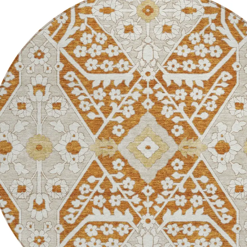 8' Orange Beige And Gold Round Floral Washable Indoor Outdoor Area Rug Photo 6
